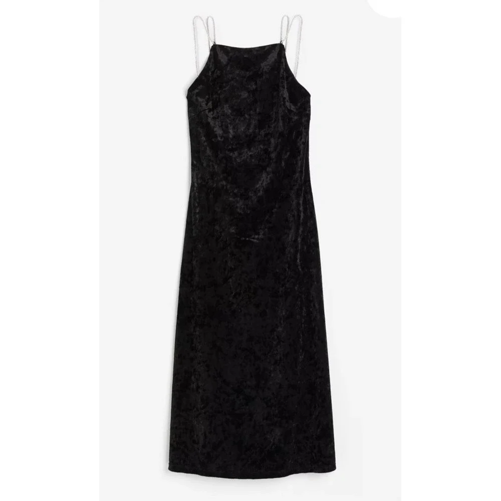 H&M Black Velour Rhinestone Strap Midi Dress Open Back Formal Cocktail M - Picture 2 of 14